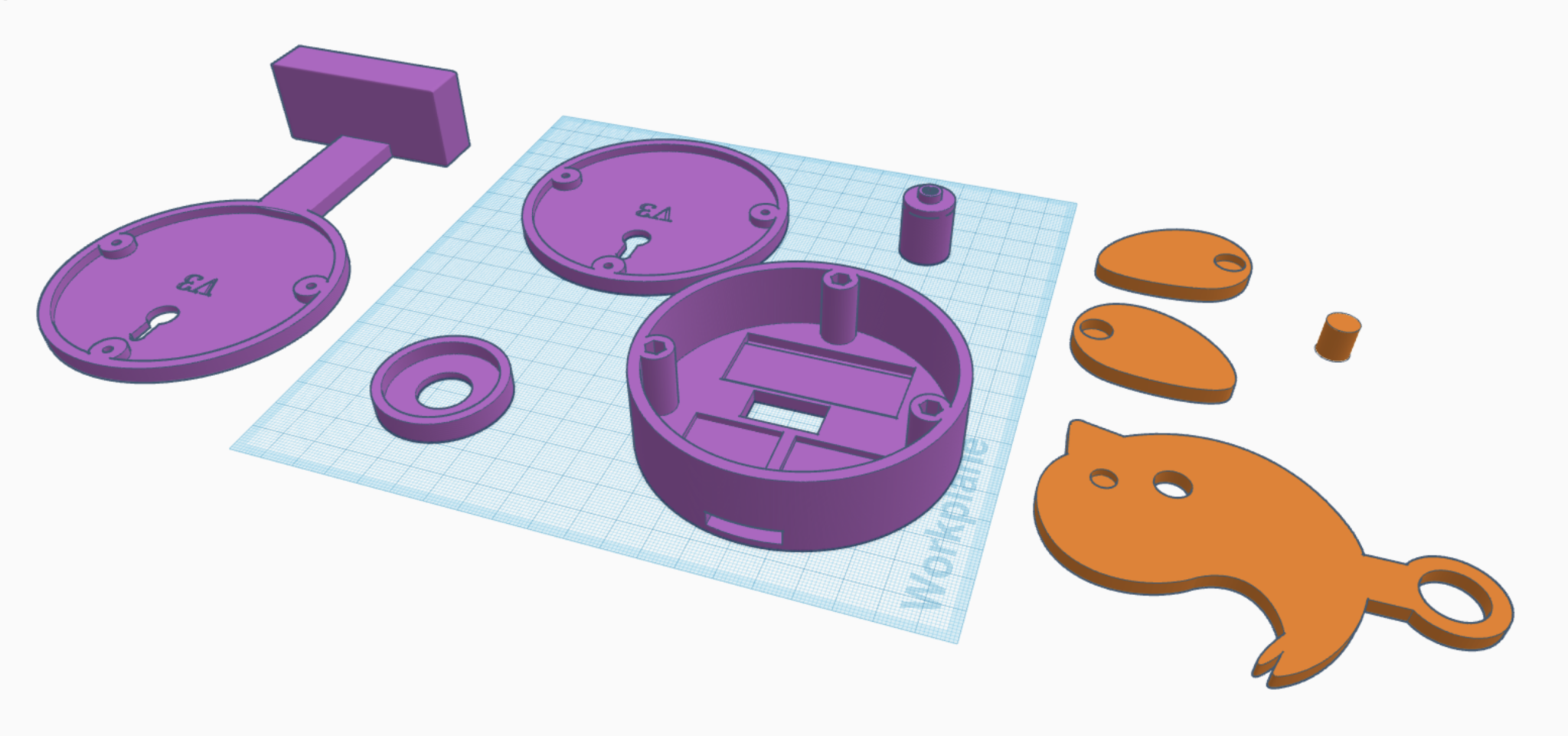 all the 3d printable parts laid out in Tinkercad